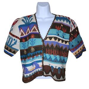 Vintage 90s Peruvian Connection Boho Short Sleeve Sweater Womens M Blue Aztec NE